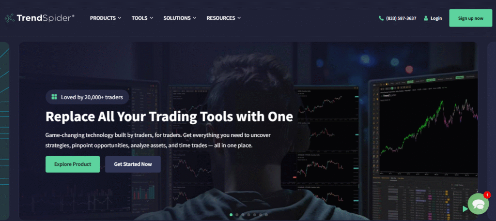 TrendSpider AI stock analysis dashboard showing automated charting, pattern recognition, and integrated fundamental filters for traders
