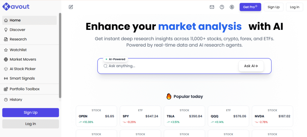 Kavout AI stock screener showing Kai Score rankings, predictive modeling, and quantitative analysis for data-driven investors