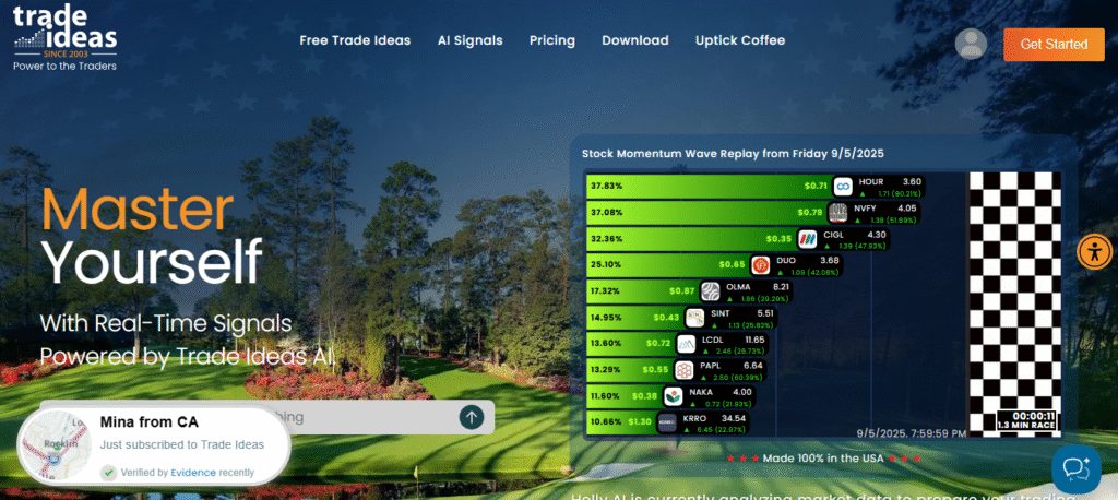 Trade Ideas AI dashboard showing real-time stock scanning, predictive trade signals, and customizable filters for active traders