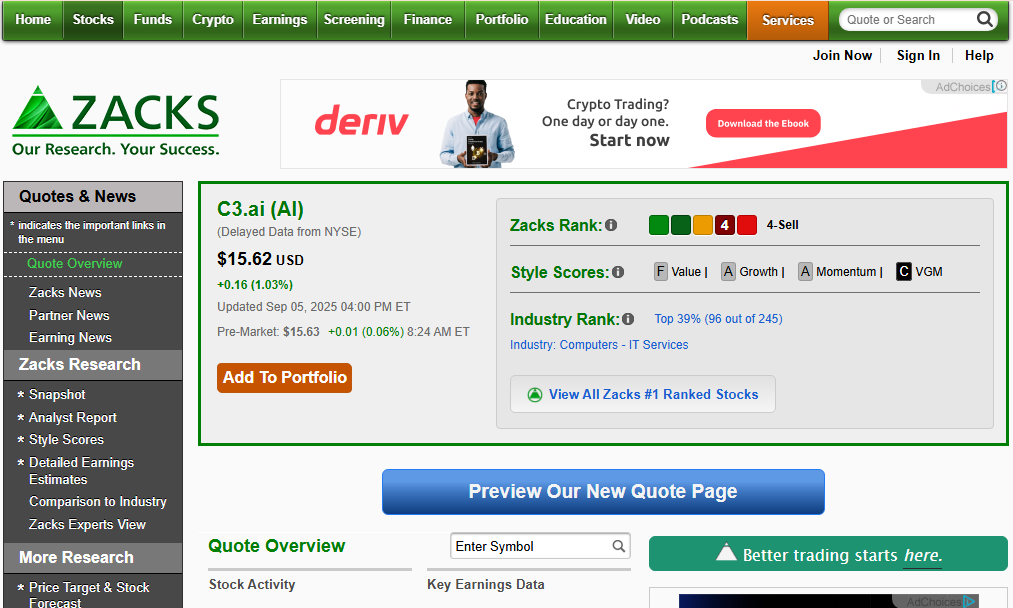 Zacks AI stock research dashboard showing AI-enhanced rankings, earnings estimate revisions, and fundamental analysis for long-term investors