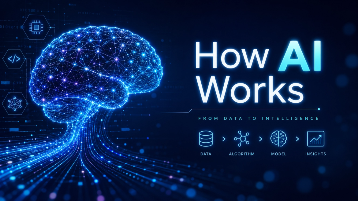 A professional landscape-oriented digital illustration for a blog titled "How AI Works." The image features a glowing, blue, interconnected neural network in the shape of a human brain on the left side, with data streams flowing into it from the bottom. On the right, the bold text "How AI Works" is displayed in a modern white sans-serif font, accompanied by a small infographic below showing a progression from "Data" to "Algorithm" to "Model" to "Insights." The background is a dark, high-tech navy blue with subtle digital nodes and bokeh light effects.